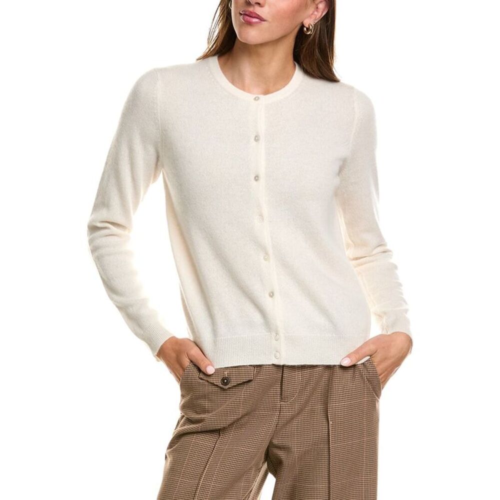 Incashmere Womens Basic Crewneck 100% Cashmere Cardigan, White
